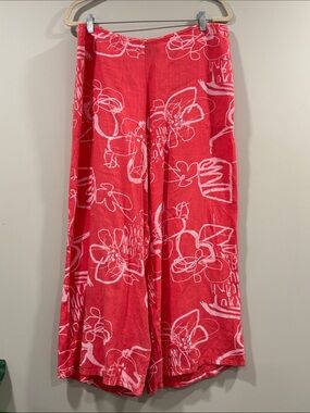 Fenini Coral Wide Leg Linen Cropped Pants with Ivory Floral Print
